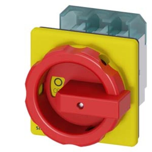 SIEMENS SENTRON, SWITCH DISCONNECTOR 3LD, EMERGENCY SWITCHING-OFF SWITCH, 3-POLE, Iu: 63 A, OPERATING POWER / at AC-23 A 400 V: 22 kW, FRONT MOUNTED, ROTARY OPERATING MECHANISM, RED / YELLOW, 4-HOLE MOUNTING OF THE HANDLE