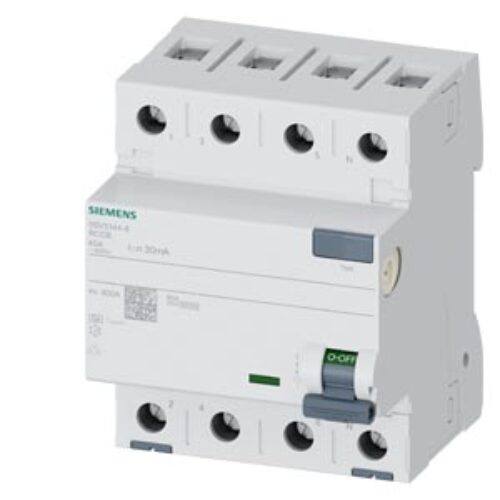SIEMENS RCCB, RESIDUAL CURRENT PROTECTIVE DEVICES, 5SV3, N CONNECTION, RIGHT, 3P+N; 400 V AC ; 50 Hz, 30mA, 63A