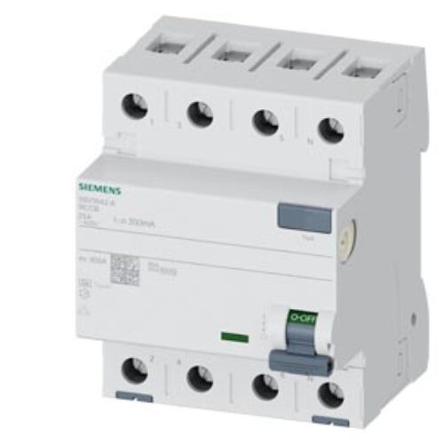 SIEMENS RCCB, RESIDUAL CURRENT PROTECTIVE DEVICES, 5SV3, N CONNECTION, RIGHT, 3P+N; 400 V AC ; 50 Hz, 300mA, 25A