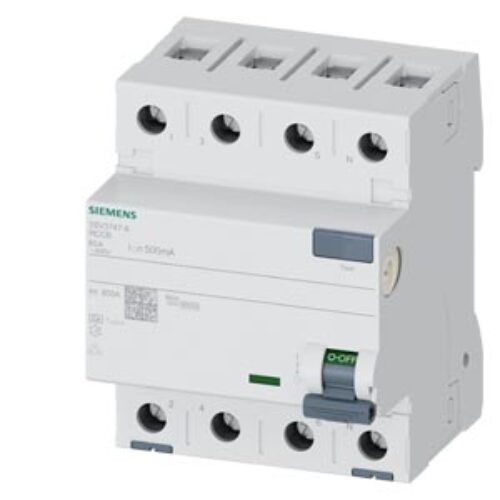 SIEMENS RCBO, RESIDUAL CURRENT PROTECTIVE DEVICES, 5SV3, N CONNECTION, RIGHT, 3P+N; 400 V AC ; 50 Hz, 500mA, 80A