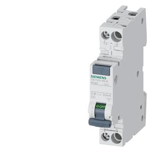 SIEMENS RCBO, COMPACT PERSONAL AND FIRE PROTECTION, 5SV1 RCBO OVERVIEW 4,5 kA IN ONLY 1MW, 1P + N, 30 mA, C CHARACTERISTIC, TYPE AC, 16A