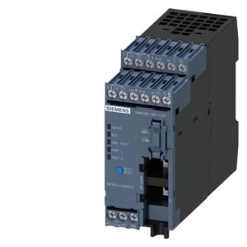 SIEMENS SIMOCODE, PRO V EIP, ETHERNet/IP, MEDIUM REDUNDANCY DLR, WEB SERVER, TRANSMISSION RATE 100 Mbps, 2 x BUS CONNECTION VIA RJ45, 4I/3O FREELY PARAMETERIZABLE, Us: 110…240 V AC/DC, INPUT FOR THERMISTOR CONNECTION MONOSTABLE RELAY