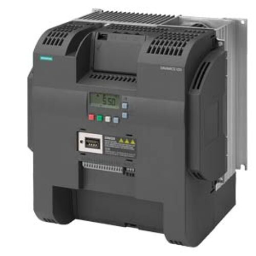 SIEMENS SINAMICS, V20 380-480 V3 AC -15/+10% 47-63Hz RATED POWER 18,5 kW WITH 150% OVERLOAD FOR 60 sec SMALL OUTPUT OVERLOAD: 22kW WITH 110% OVERLOAD FOR 60 sec, UNFILTERED I/O: 4 DI,2 DO,2 AI,1 AQ FIELDBUS: USS/MODBUS RTU WITH BUILT-IN BOP