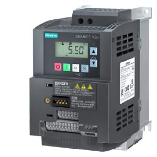 SIEMENS SINAMICS, V20 200-240V 1AC -10/+10% 47-63Hz RATED POWER 1.5 kW WITH 150% OVERLOAD FOR 60 SEC