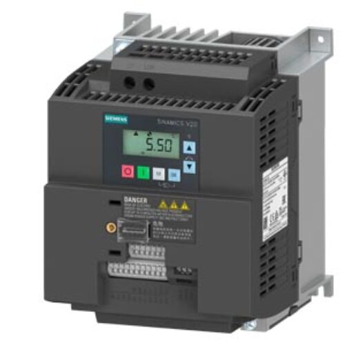 SIEMENS SINAMICS, V20 1AC 200-240V -15/+10% 47-63Hz RATED POWER 2.2kW WITH 150% OVERLOAD FOR 60 SEC