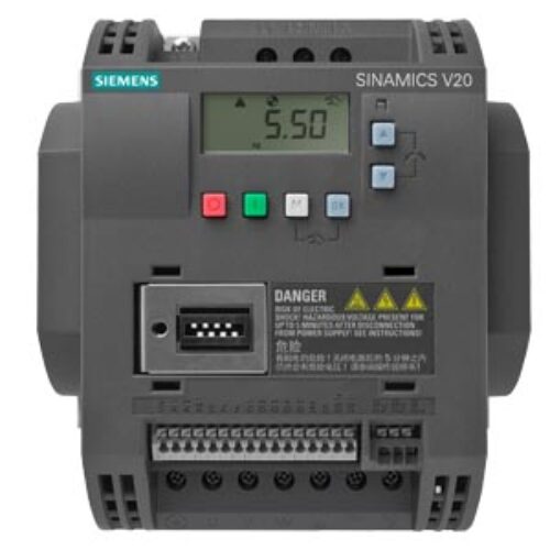 SIEMENS SINAMICS, V20 380-480 V 3 AC -15/+10% 47- 63Hz RATED POWER 1,5kW WITH 150% OVERLOAD FOR 60 sec. UNFILTERED I/O: 4 DI, 2 DO,2 AI, 1 AQ FIELDBUS: USS/MODBUS RTU WITH BUILT-IN BOP